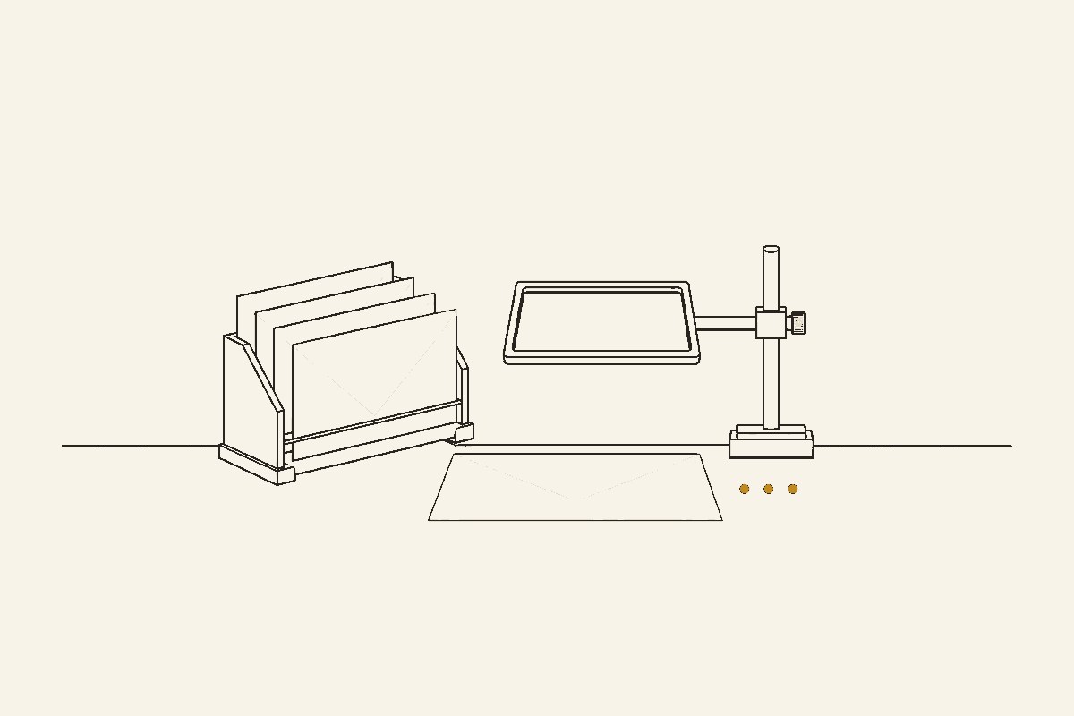 Drawing of envelopes in a sorting rack, one laid flat beneath an inspection stand