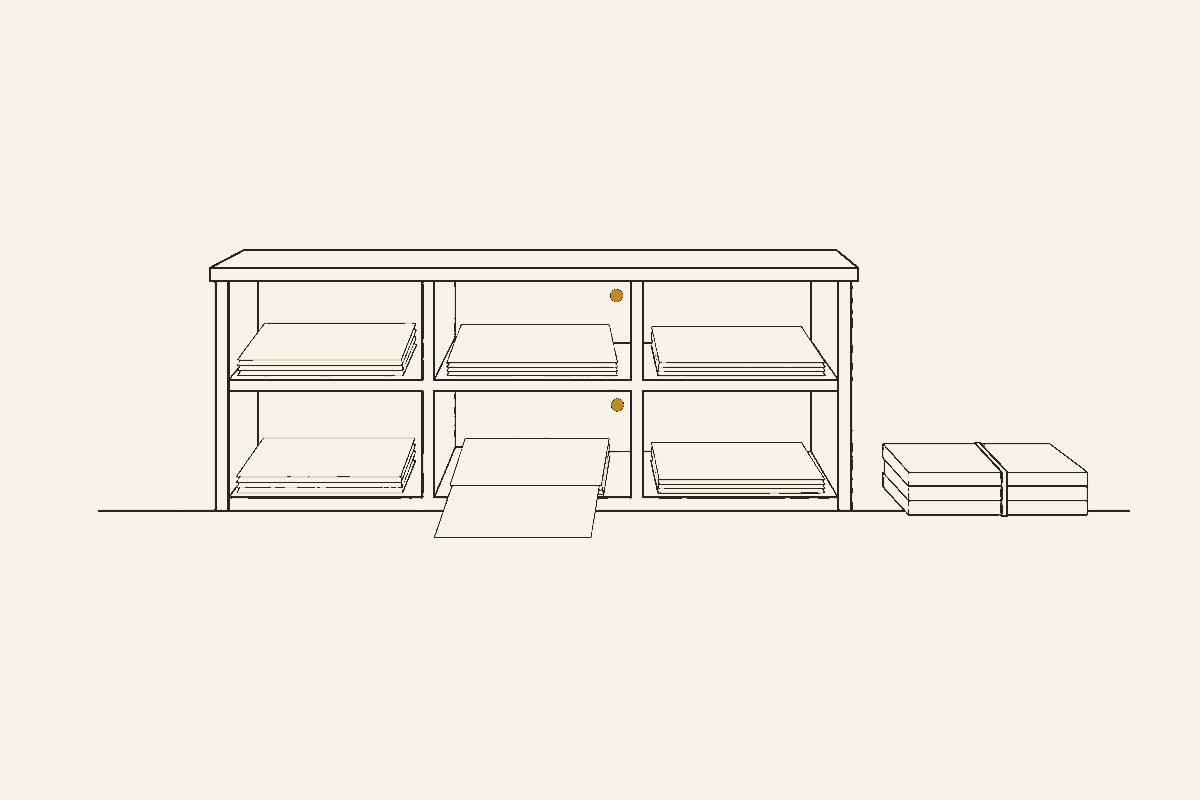 Drawing of a pigeonhole shelf with folded letters and a tied stack of sheets