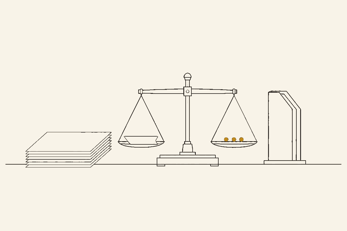 Drawing of a stack of papers, a bookend and a small balance scale