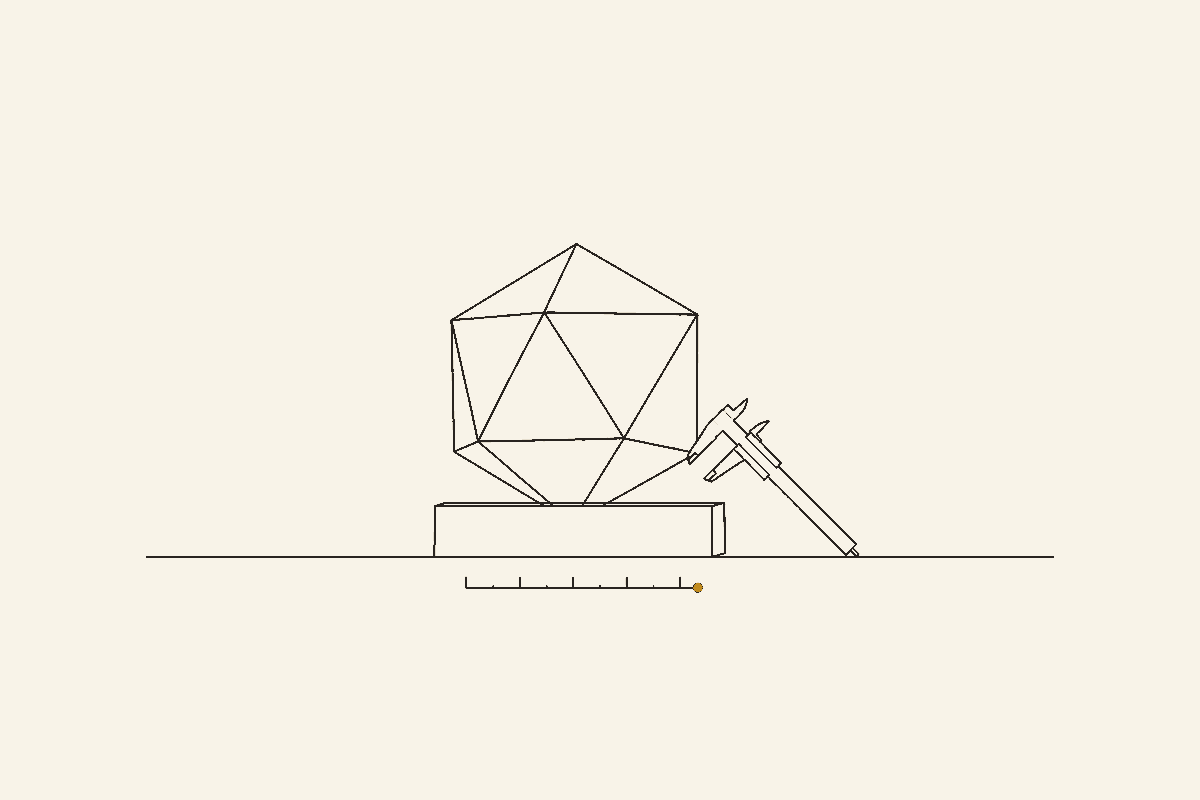 Drawing of a faceted low-poly shape on a plinth with a calliper